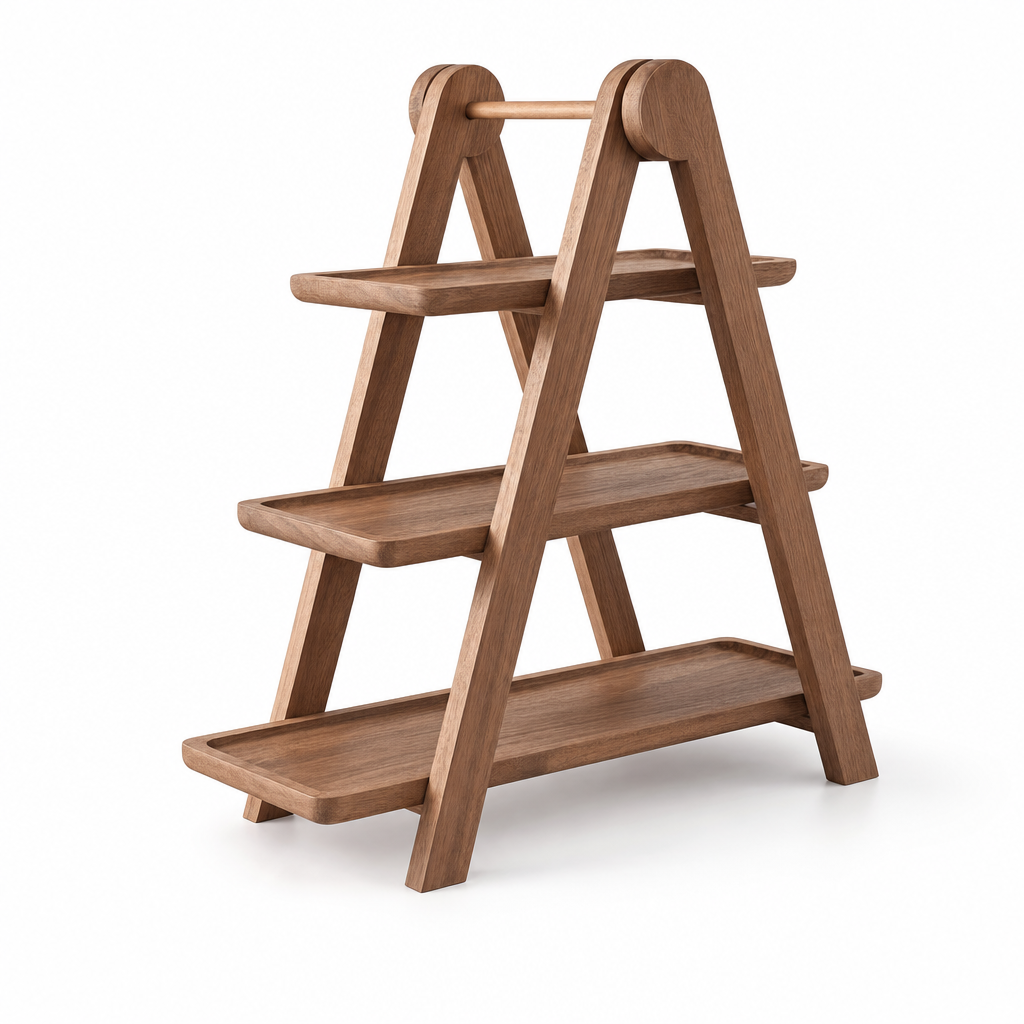 Houten etagère in A-frame met 3 rechthoekige etages, studiofoto op witte achtergrond