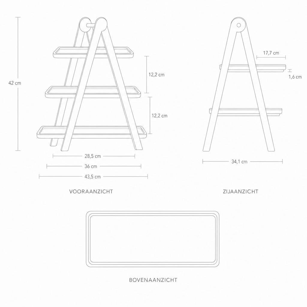 Technische tekening etagère met maten in drie aanzichten