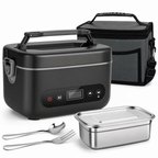 Verwarmde lunchbox met RVS binnenbak, bestek en draagtas, studiofoto op witte achtergrond