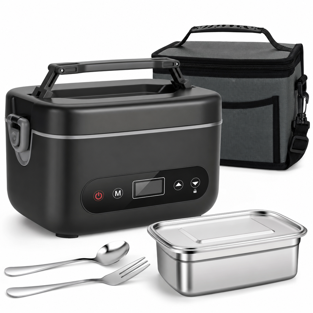 Verwarmde lunchbox met RVS binnenbak, bestek en draagtas, studiofoto op witte achtergrond