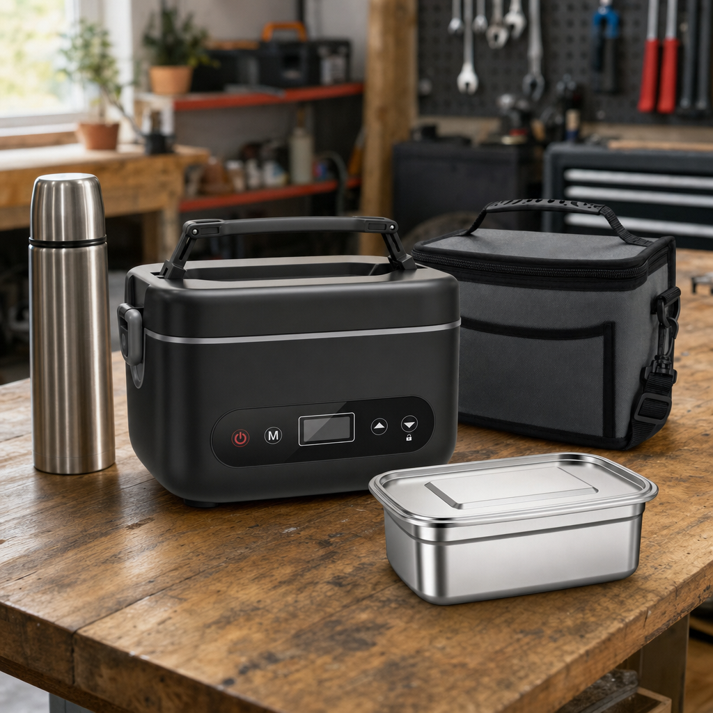 Verwarmde lunchbox met draagtas en thermosfles op een werkbank