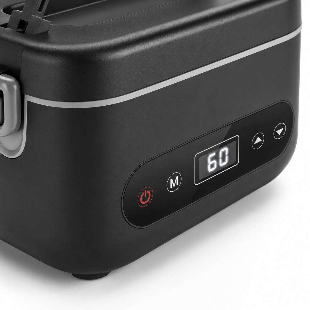 Close-up van het bedieningspaneel met display van de verwarmde lunchbox