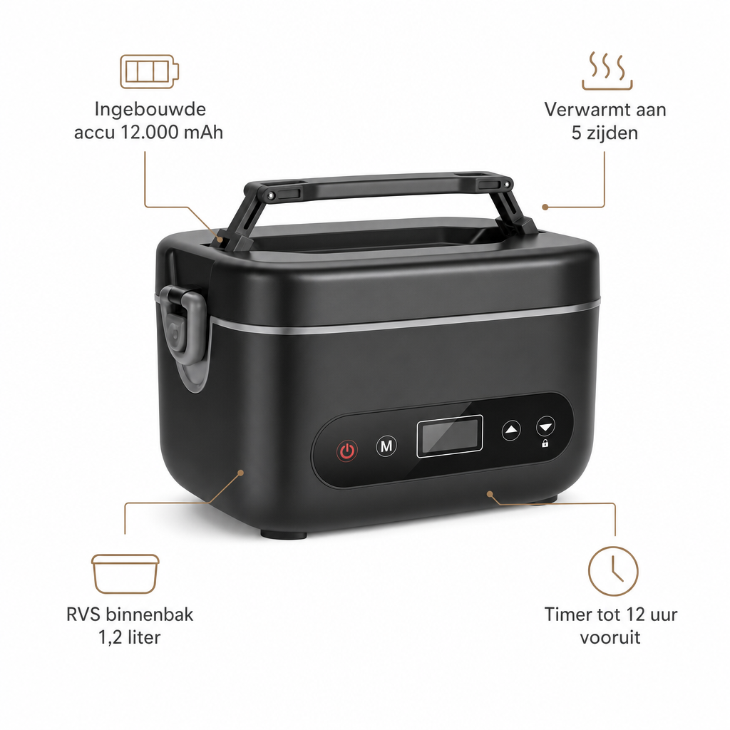 Kenmerken verwarmde lunchbox: accu 12.000 mAh, verwarmt aan 5 zijden, RVS binnenbak 1,2 liter, timer tot 12 uur vooruit