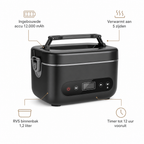 Kenmerken verwarmde lunchbox: accu 12.000 mAh, verwarmt aan 5 zijden, RVS binnenbak 1,2 liter, timer tot 12 uur vooruit
