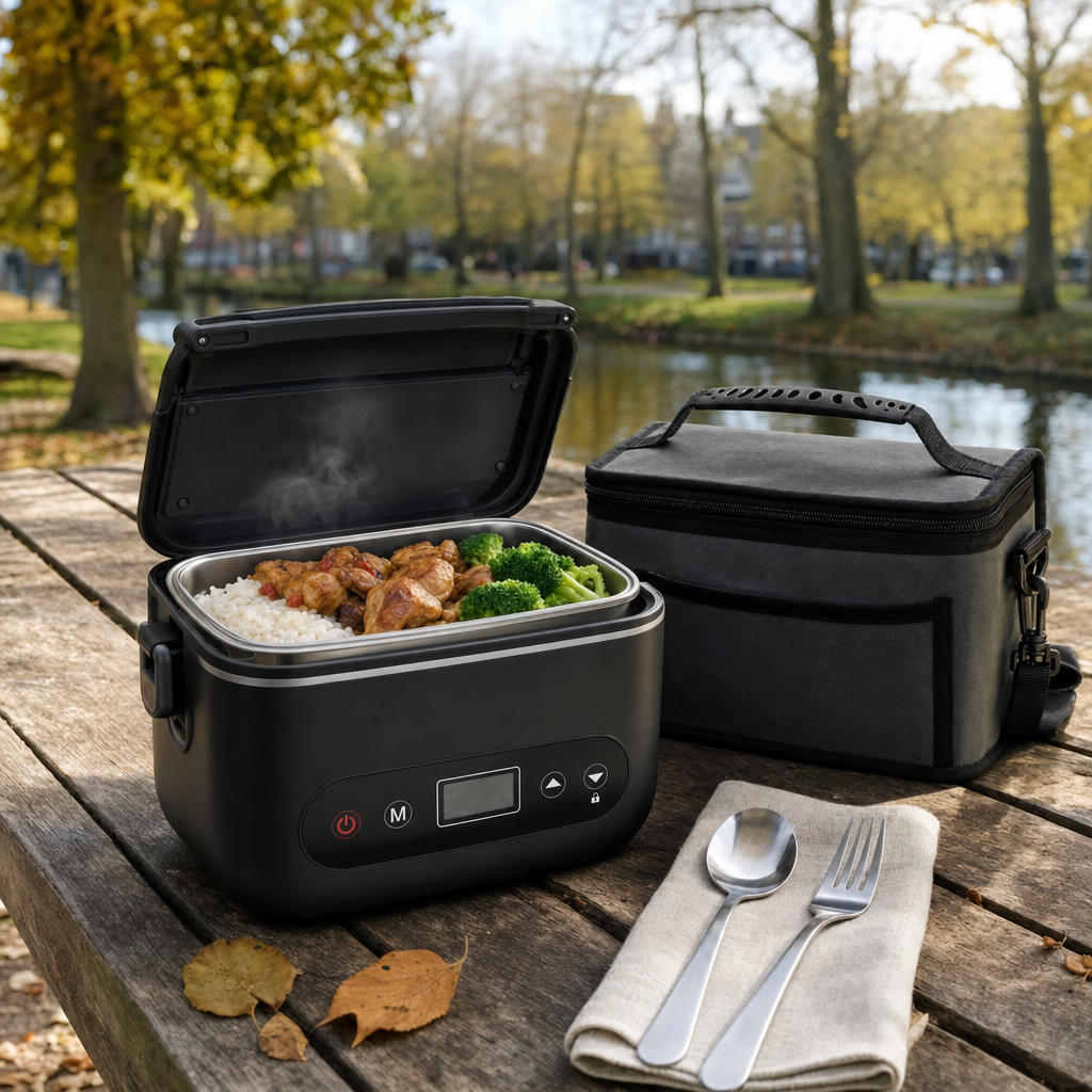Verwarmde lunchbox open op een picknicktafel in het park met een dampende maaltijd