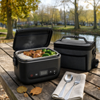 Verwarmde lunchbox open op een picknicktafel in het park met een dampende maaltijd