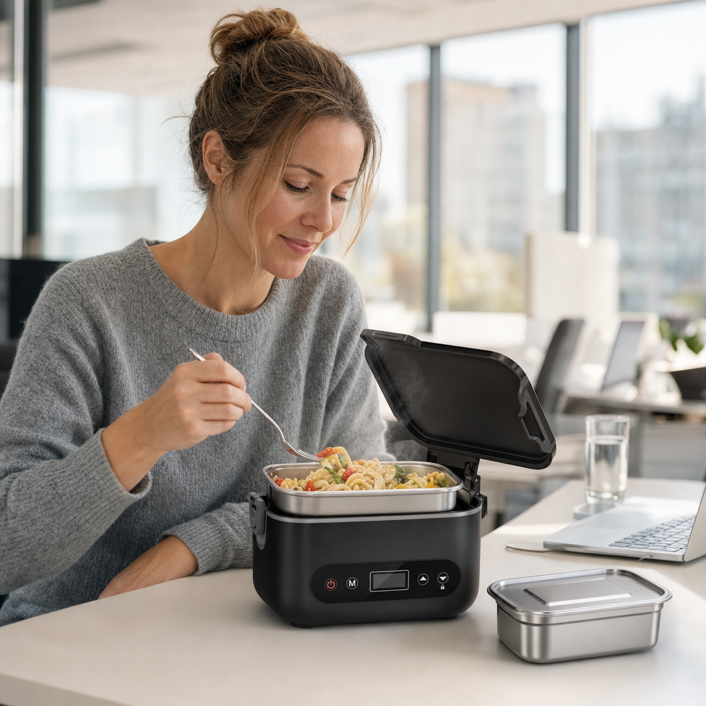 Vrouw eet een warme maaltijd uit de verwarmde lunchbox aan haar bureau