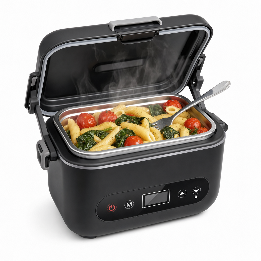 Open lunchbox met verwarmde pasta in de RVS binnenbak, studiofoto