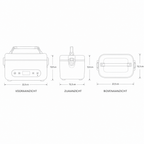 Technische tekening verwarmde lunchbox met maten in drie aanzichten, 22,5 x 15,3 x 13,8 cm