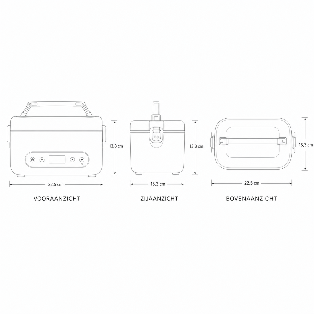 Technische tekening verwarmde lunchbox met maten in drie aanzichten, 22,5 x 15,3 x 13,8 cm