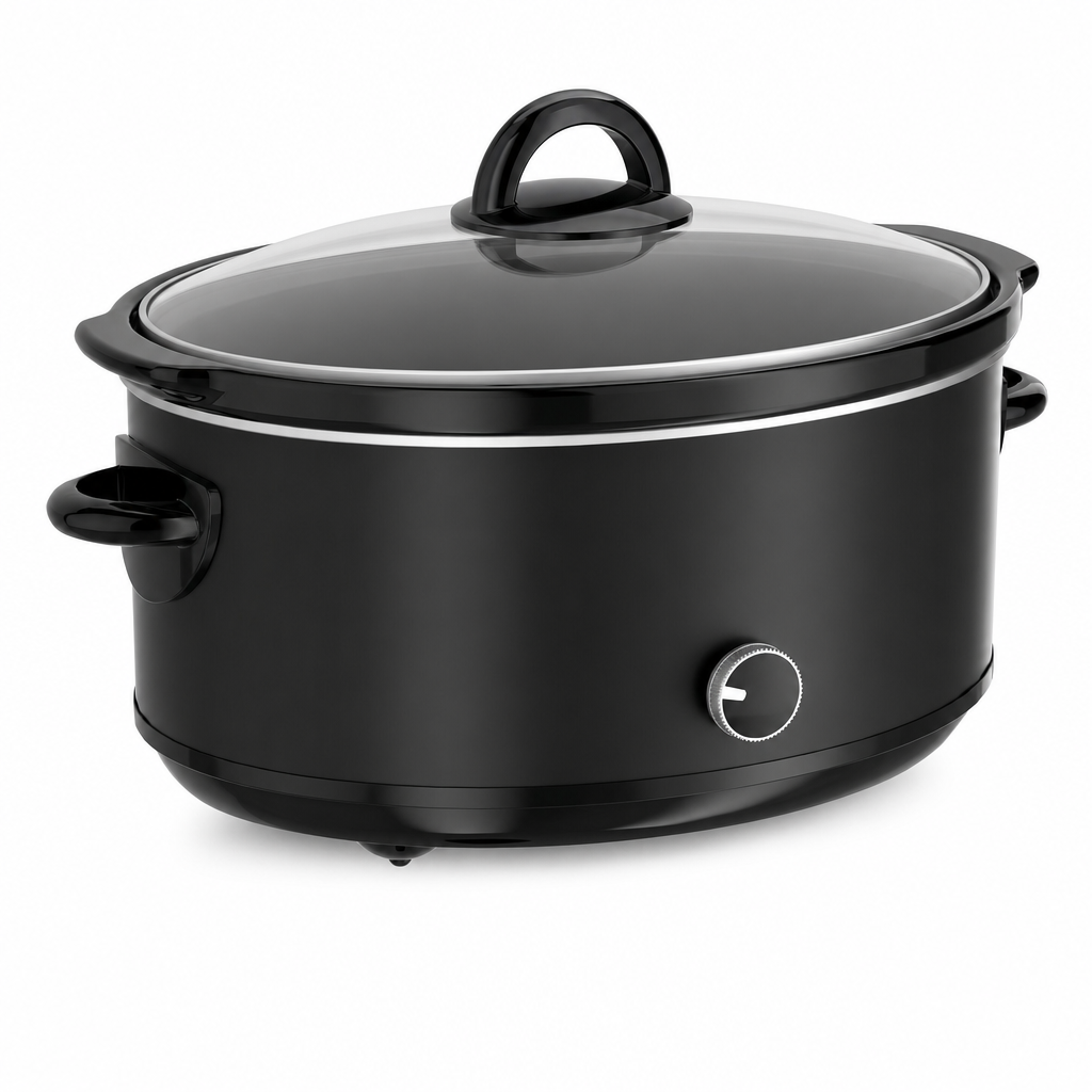 Zwarte ovale slowcooker 6,5 liter met glazen deksel, studiofoto op witte achtergrond