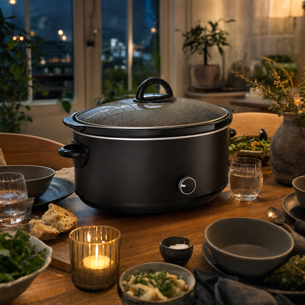 Slowcooker midden op een gedekte eettafel met kommen en brood