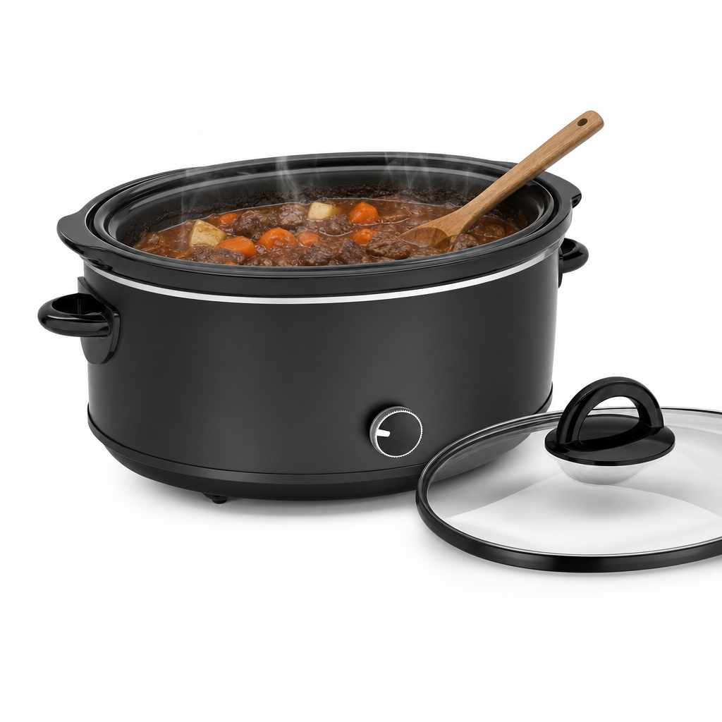Slowcooker met deksel ernaast en een dampende stoofpot in de keramische pan, studiofoto