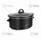 Kenmerken slowcooker: 6,5 liter inhoud, uitneembare keramische pan, hoog, laag en warmhouden, zuinig met 270 watt