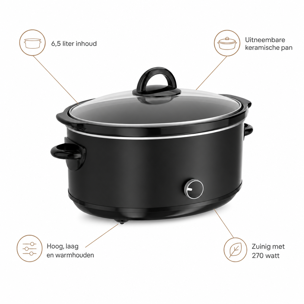 Kenmerken slowcooker: 6,5 liter inhoud, uitneembare keramische pan, hoog, laag en warmhouden, zuinig met 270 watt