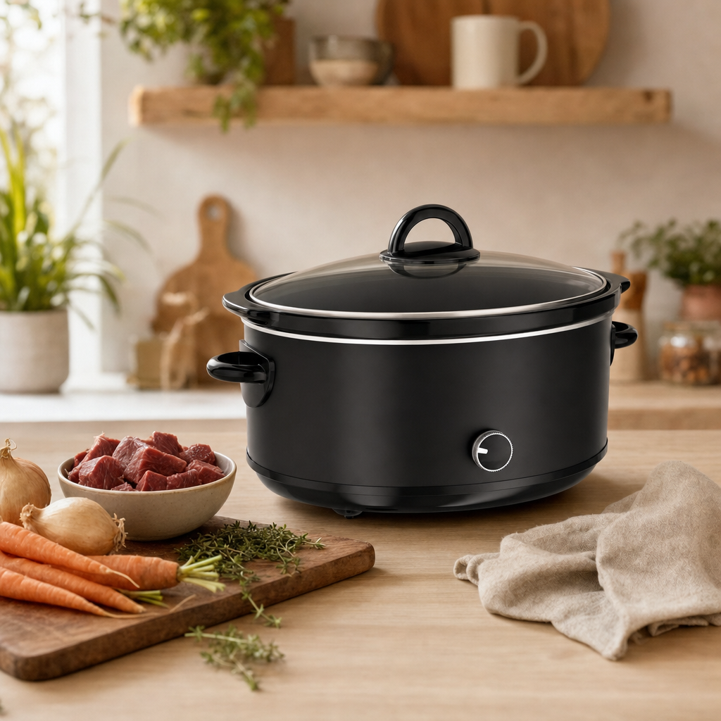 Slowcooker op het aanrecht met verse groenten en vlees klaar om te stoven