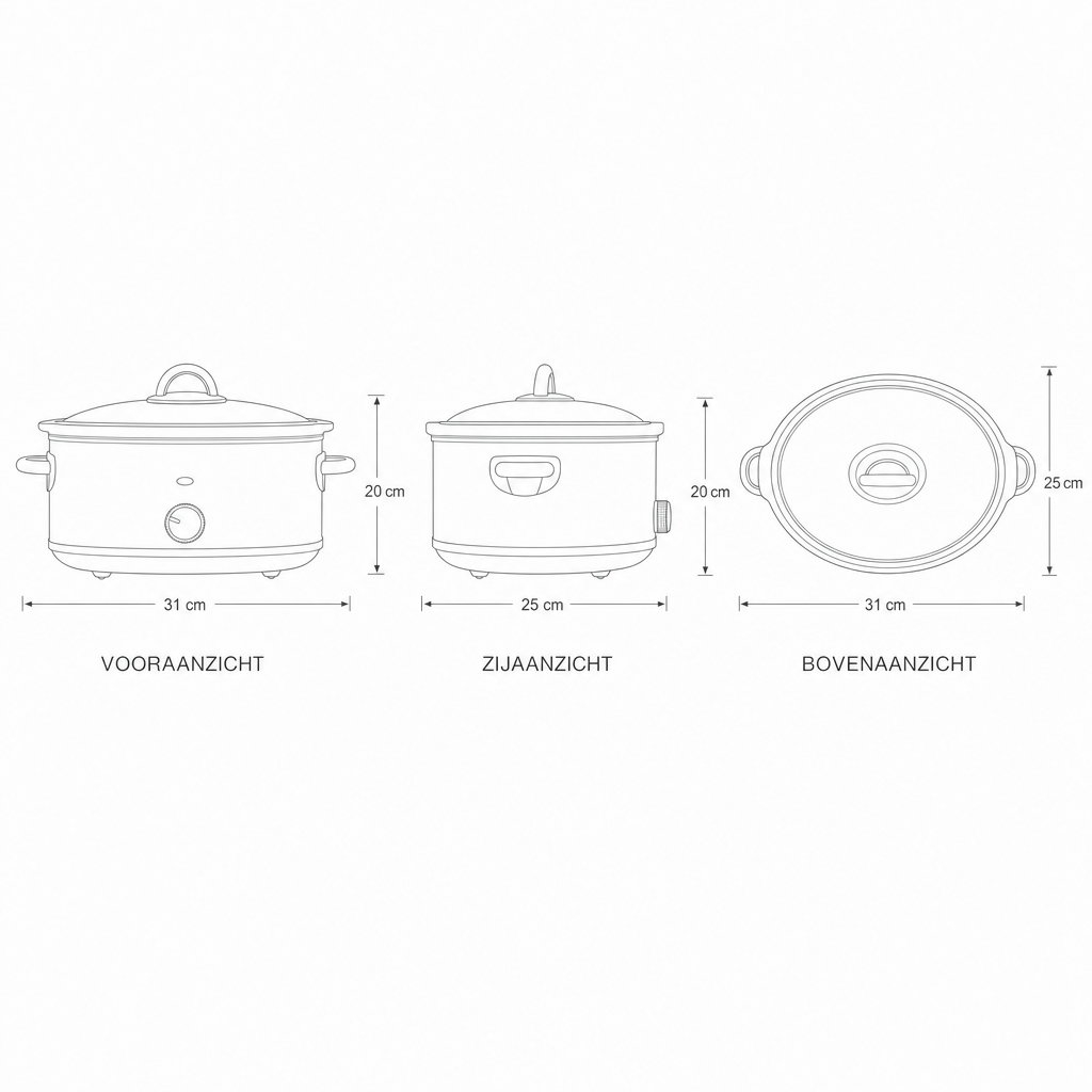 Technische tekening slowcooker met maten in drie aanzichten, 31 x 25 x 20 cm