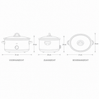 Technische tekening slowcooker met maten in drie aanzichten, 31 x 25 x 20 cm