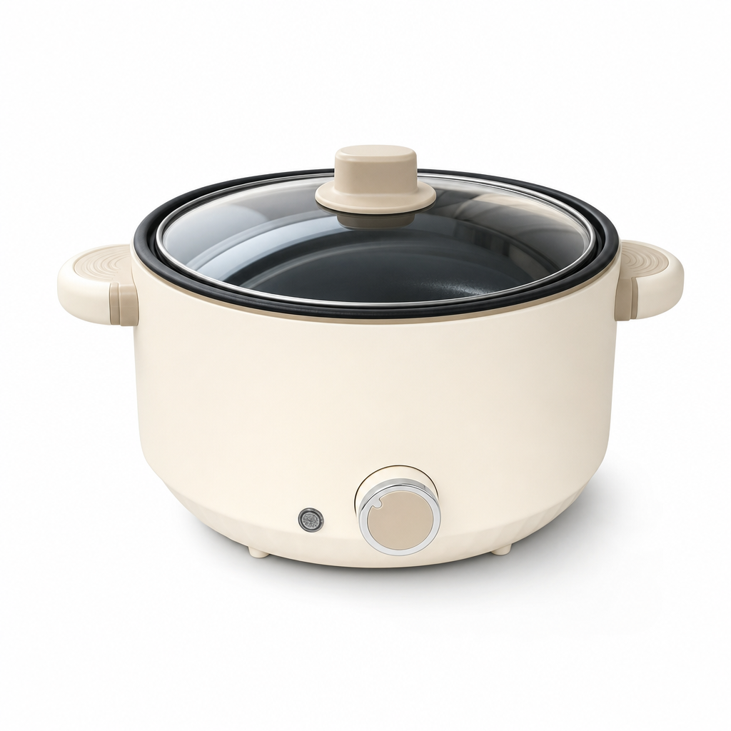 Elektrische multikookpan 24 cm in crème wit met glazen deksel, studiofoto op witte achtergrond