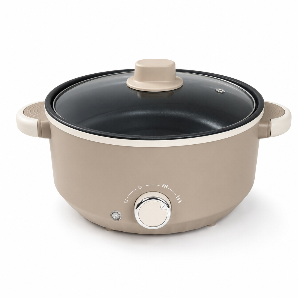 Elektrische multikookpan 24 cm in beige bruin, studiofoto