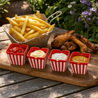 Dipkommetjes met ketchup, mayonaise en sauzen naast een mandje friet op de tuintafel