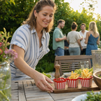 Vrouw serveert friet met saus in de gestreepte dipkommetjes tijdens een barbecue