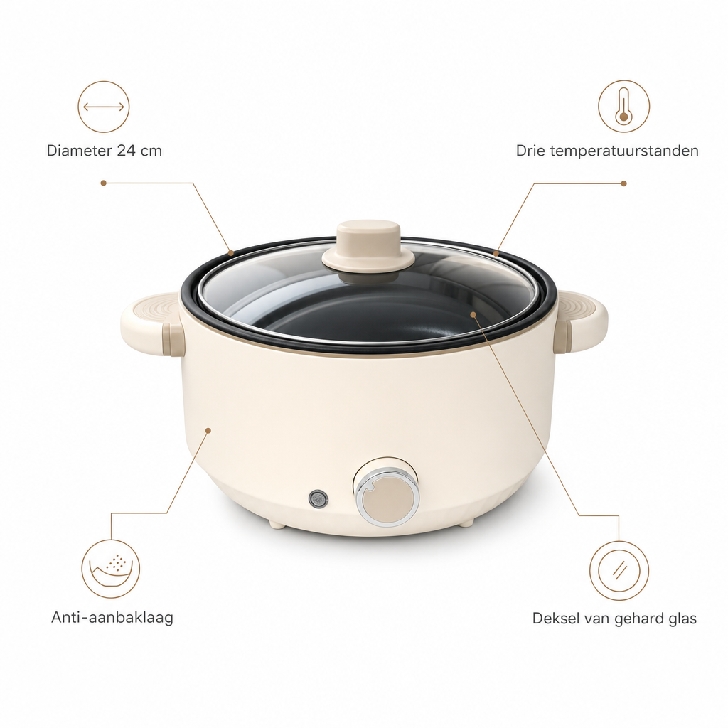 Kenmerken elektrische kookpan: diameter 24 cm, drie temperatuurstanden, anti-aanbaklaag, deksel van gehard glas