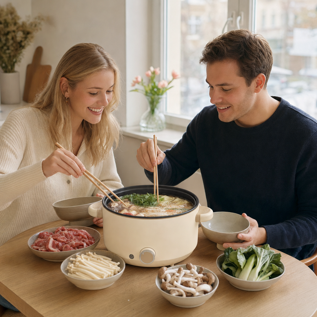Stel eet samen hotpot uit de elektrische kookpan aan de keukentafel