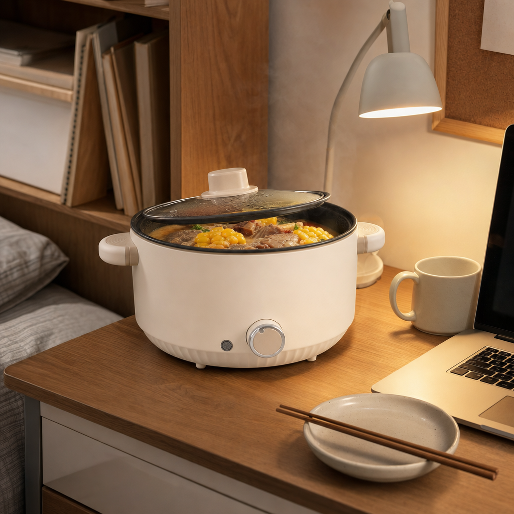 Elektrische kookpan op een bureau in een studentenkamer naast een laptop