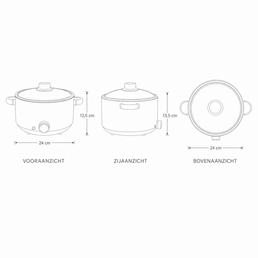 Technische tekening elektrische kookpan met maten, diameter 24 cm en 13,5 cm hoog