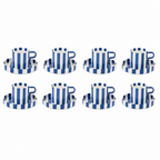Set van 8 gestreepte koffiekopjes met schotels in blauw, studiofoto
