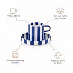 Kenmerken koffiekopjes: inhoud 250 ml, set van 4 of 8 met schotels, vaatwasserbestendig keramiek, in blauw, groen en bruin