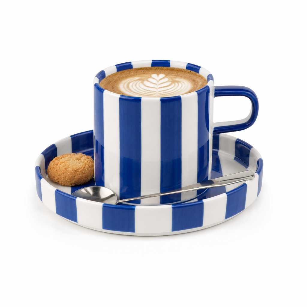 Blauw gestreept kopje op schotel met cappuccino, studiofoto