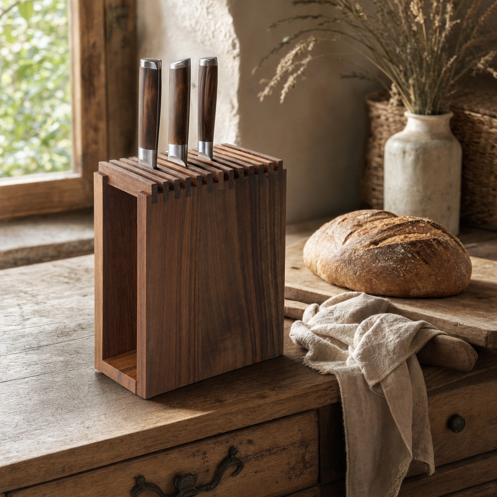 Messenblok op een eiken dressoir in een landelijke keuken