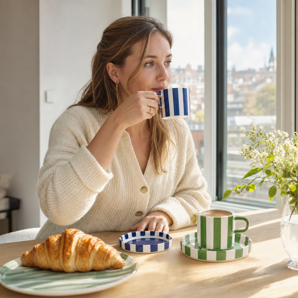 Vrouw drinkt koffie uit een gestreept kopje aan de ontbijttafel