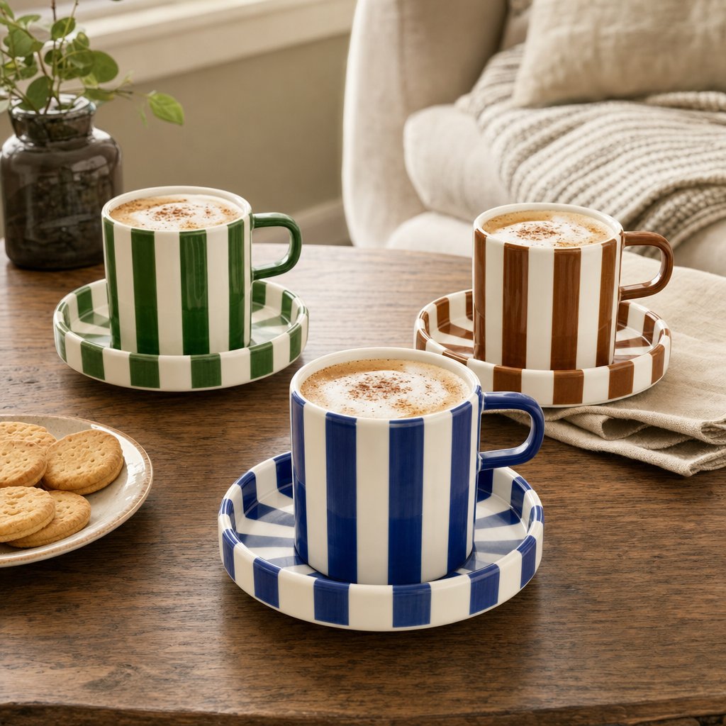 Gestreepte kop-en-schotels in blauw, groen en bruin met cappuccino op de salontafel