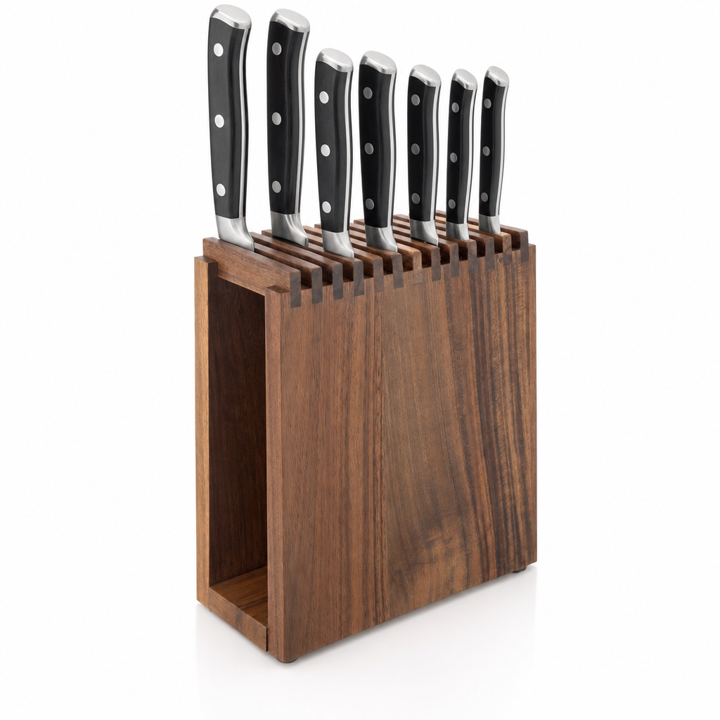 Messenblok met zes messen, studiofoto op witte achtergrond