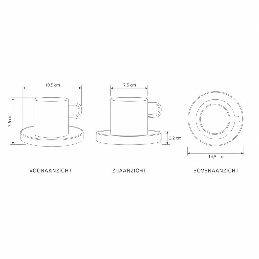 Technische tekening koffiekop met schotel en maten, kop 7,5 x 7,6 cm, schotel 14,5 cm