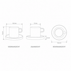 Technische tekening koffiekop met schotel en maten, kop 7,5 x 7,6 cm, schotel 14,5 cm