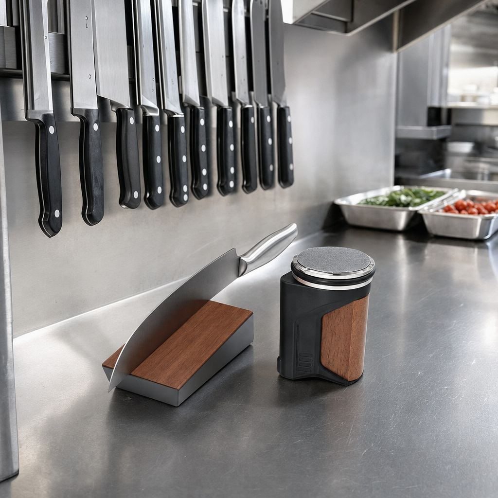 Rolmessenslijper en hoekblok in een restaurantkeuken naast een magnetische messenstrip