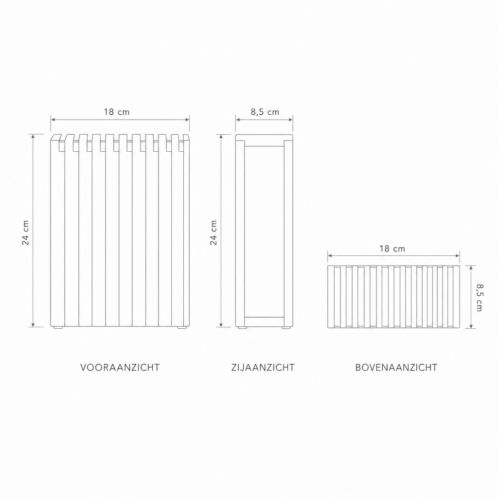 Technische tekening messenblok met maten, 18 x 8,5 x 24 cm