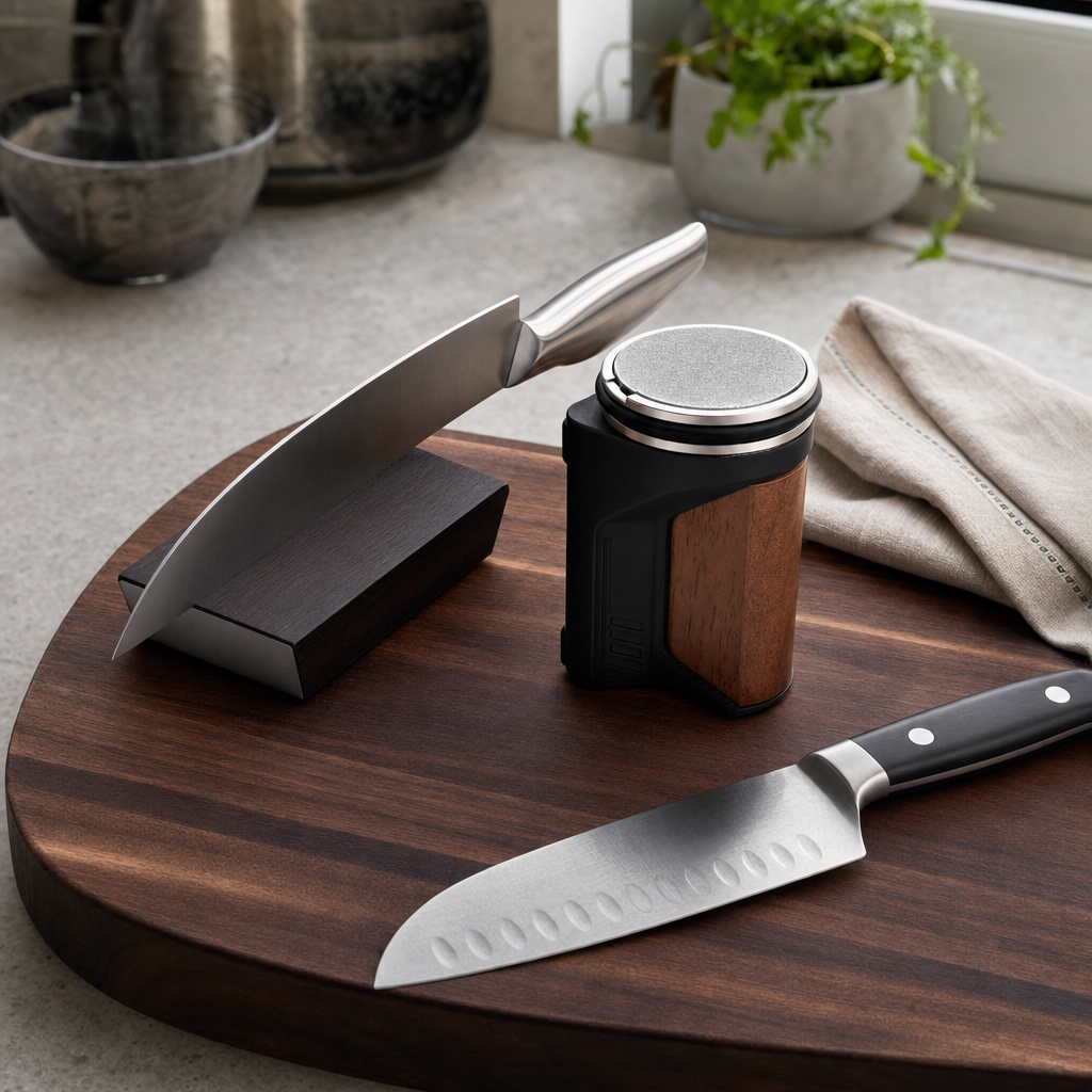 Rolmessenslijper en hoekblok met mes op een houten snijplank