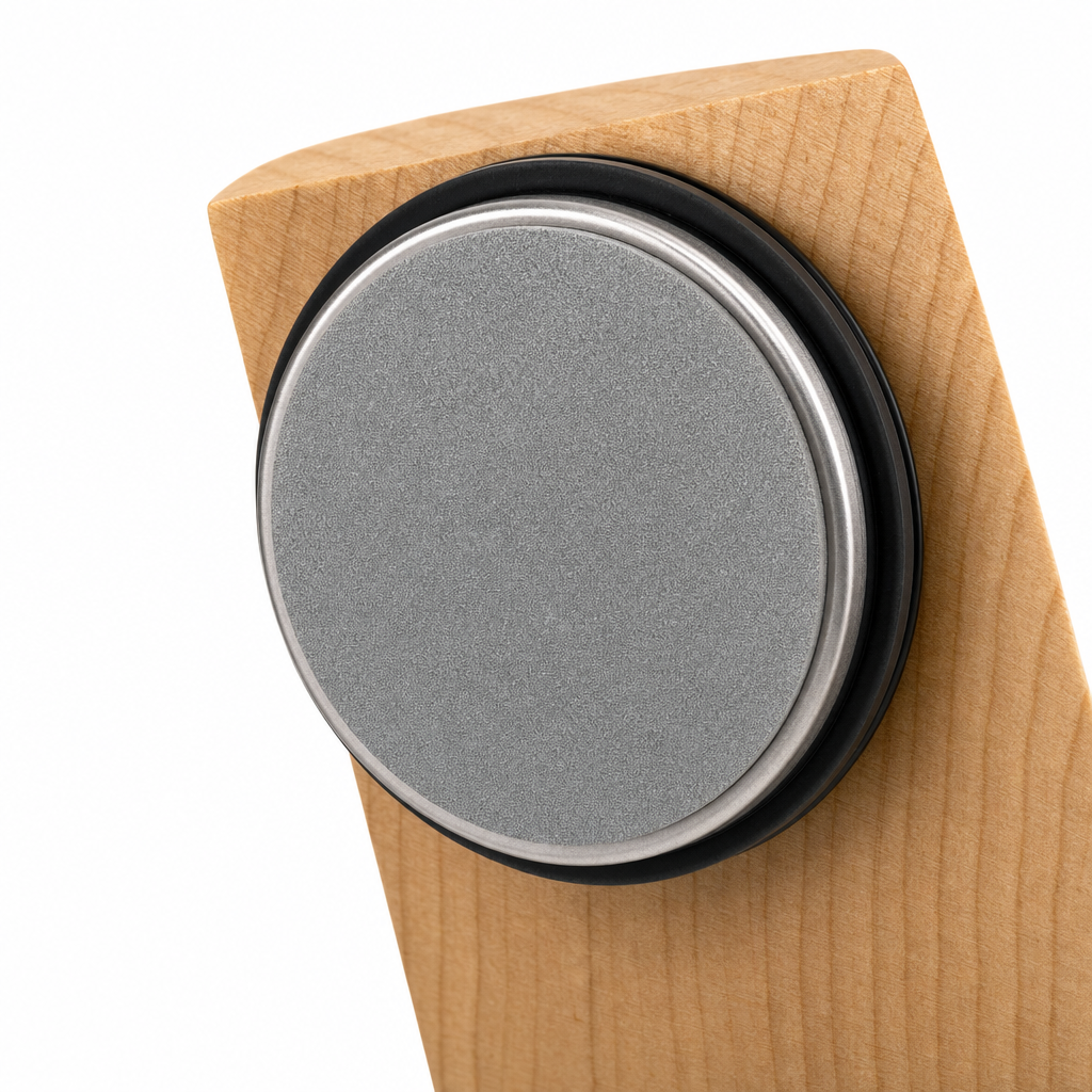 Close-up van de diamantslijpschijf op de houten roller