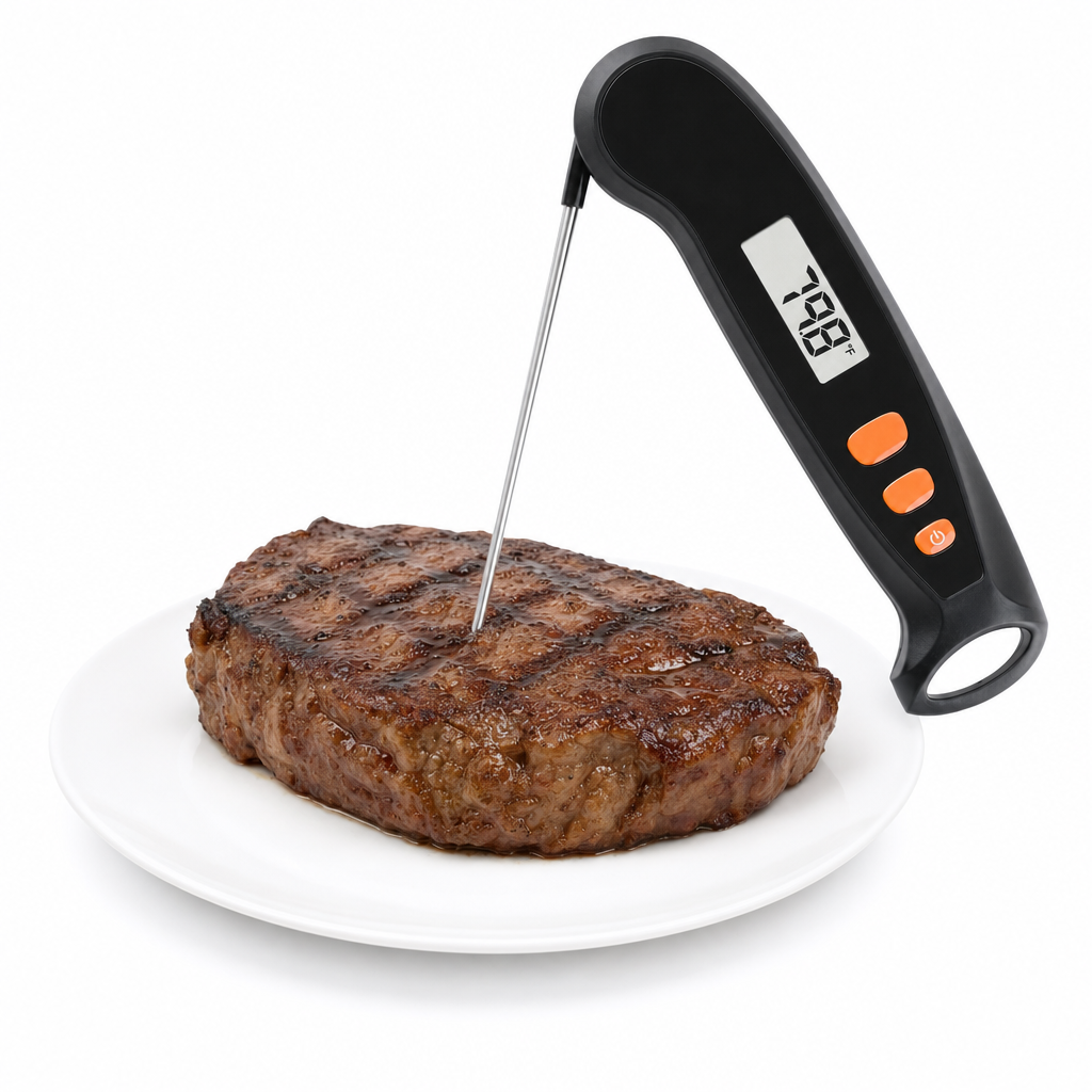 Vleesthermometer met de sonde in een steak, display leesbaar
