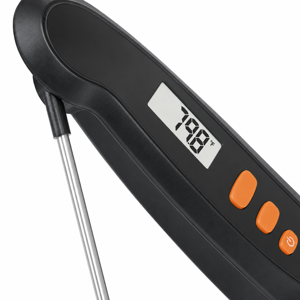 Close-up van het display en de knoppen van de vleesthermometer