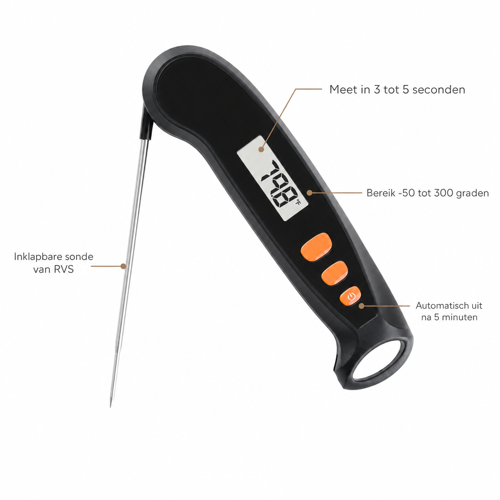 Kenmerken digitale vleesthermometer: meet in 3 tot 5 seconden, inklapbare sonde van RVS, bereik -50 tot 300 graden, automatisch uit na 5 minuten
