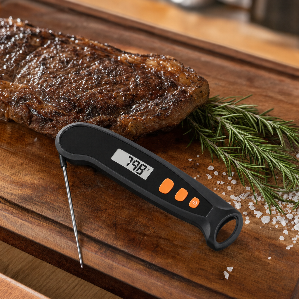 Digitale vleesthermometer op een snijplank naast een gegrilde steak