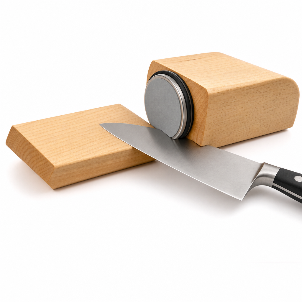 Koksmes tegen het hoekblok met de houten roller op de snede