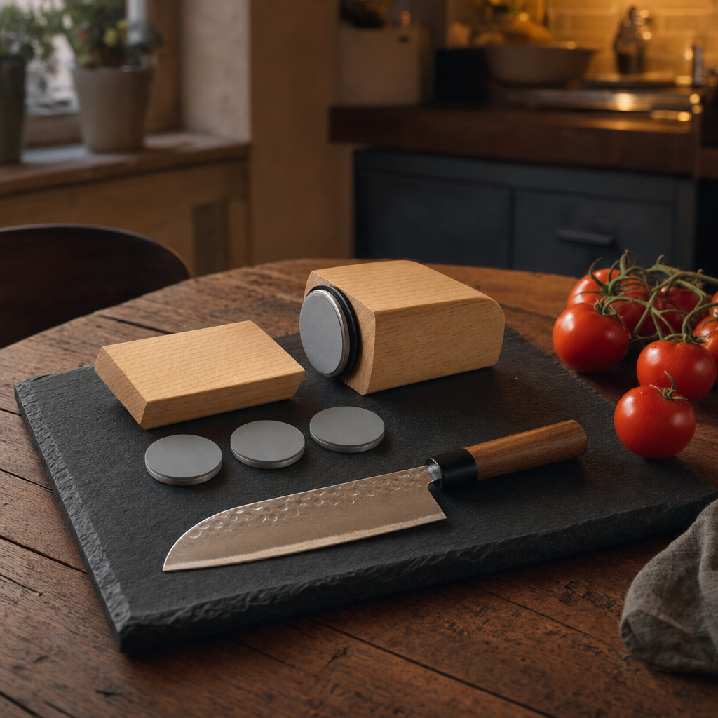 Houten rolmessenslijper set op een leistenen plank met santoku en tomaten
