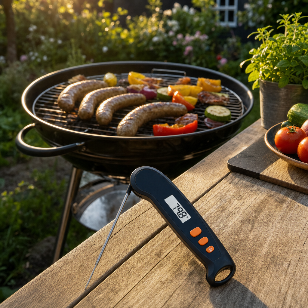 Digitale vleesthermometer op een tuintafel naast de barbecue